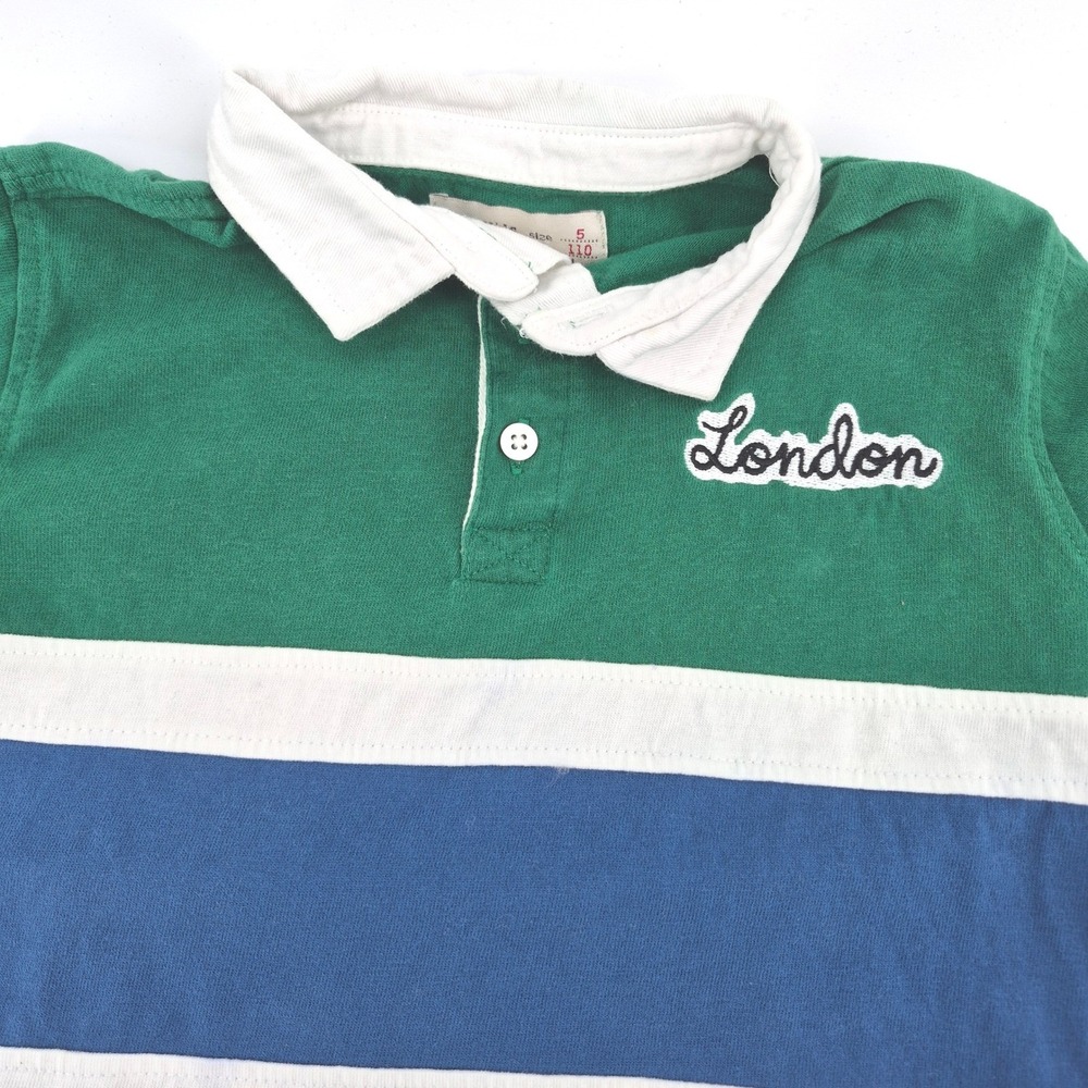 Zara Boys Rugby Polo Shirt Size 5 110 Green Stripe London Embroidered Preppy - Picture 3 of 12
